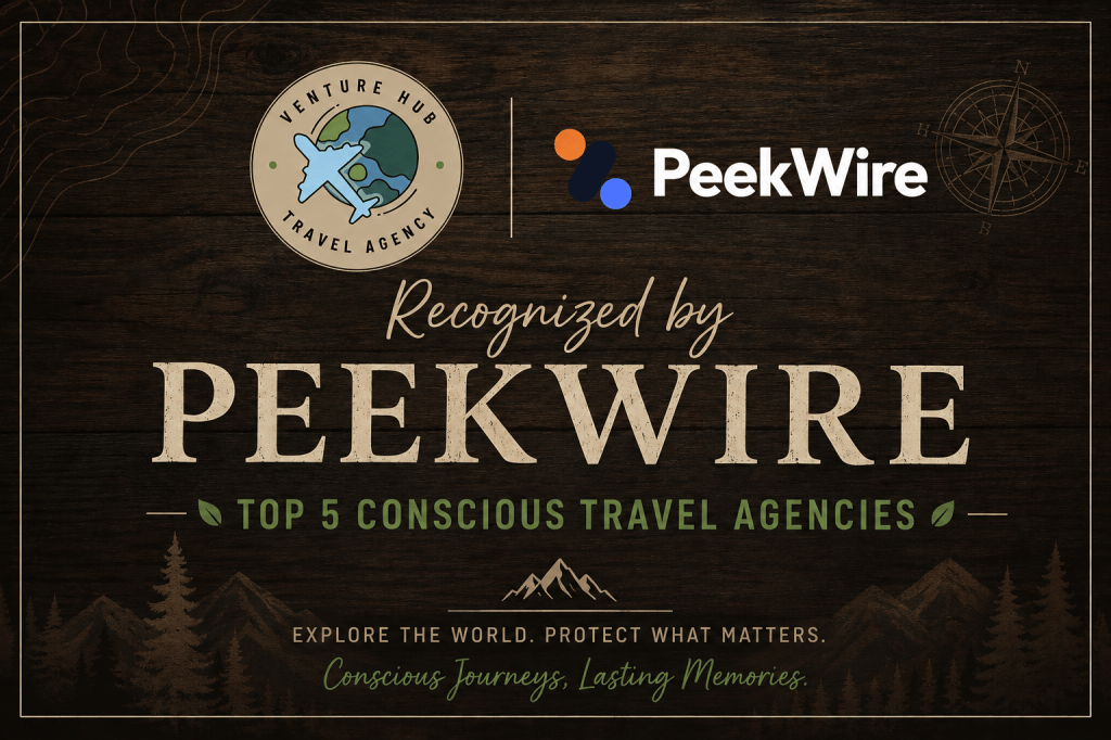 Graphic featuring the Venture Hub Travel Agency logo alongside the PeekWire logo announcing Venture Hub Travel Agency's recognition as one of PeekWire's Top 5 Conscious Travel Agencies